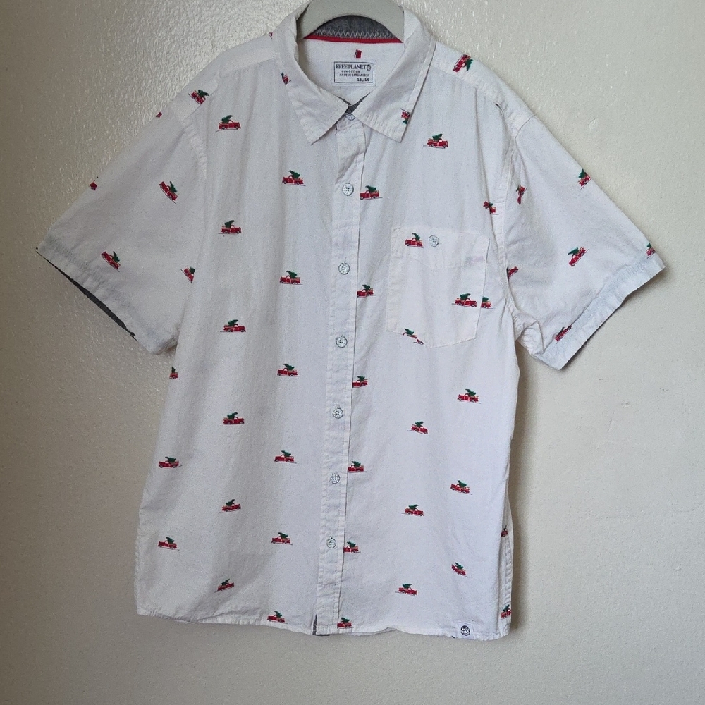 Free Planet White Short Sleeve Shirt with Red and Green Accents